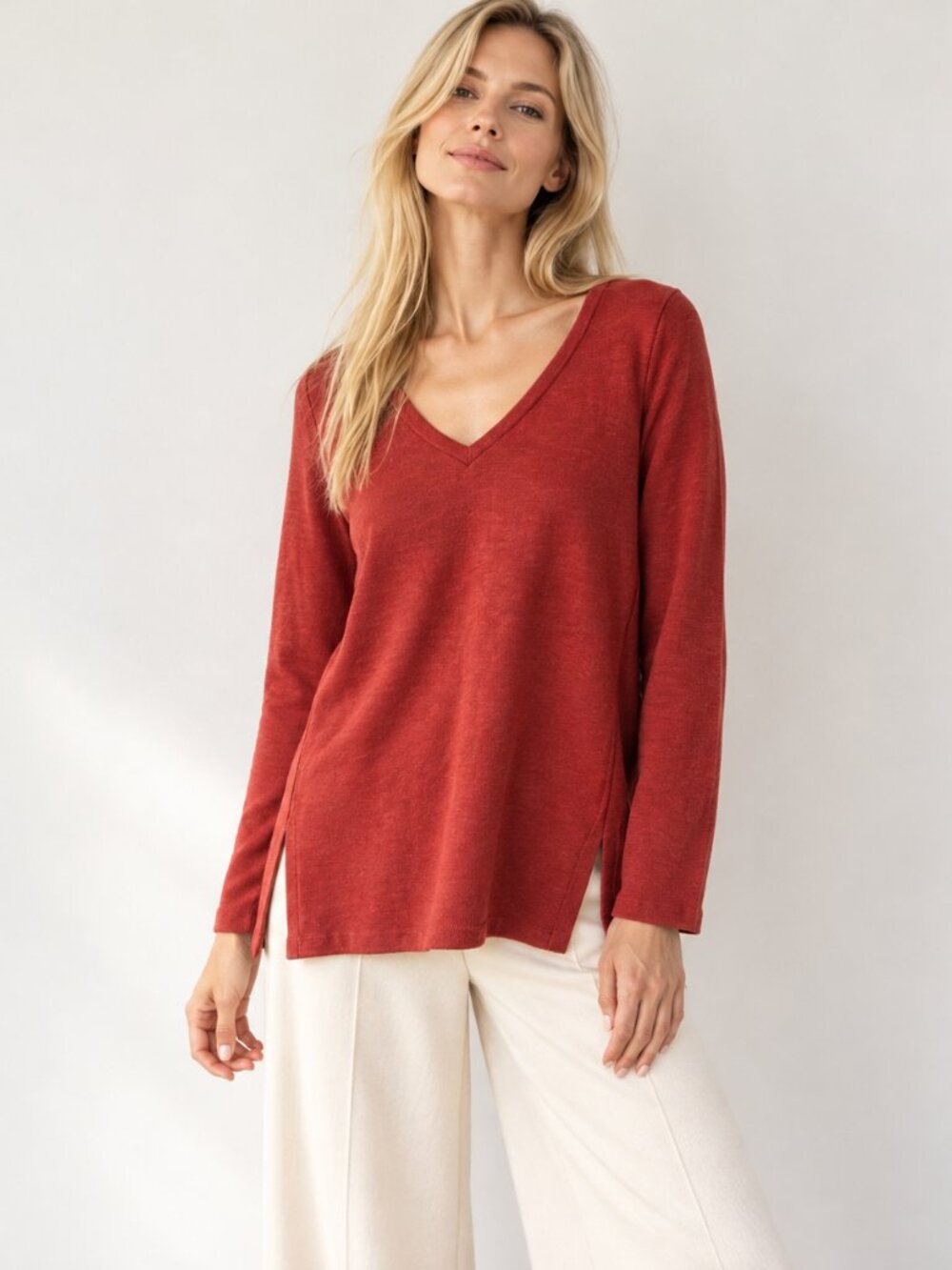 J. Crew Burnt Red V Neck Cotton Long Sleeve Pullover Sweater Minimalist Fall S